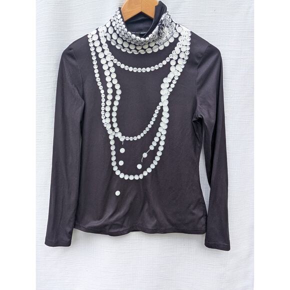 Stylewe Womens Mock Neck Pearl Beaded Print Long Sleeve Top Sz M Fitted Elevated - Picture 1 of 7